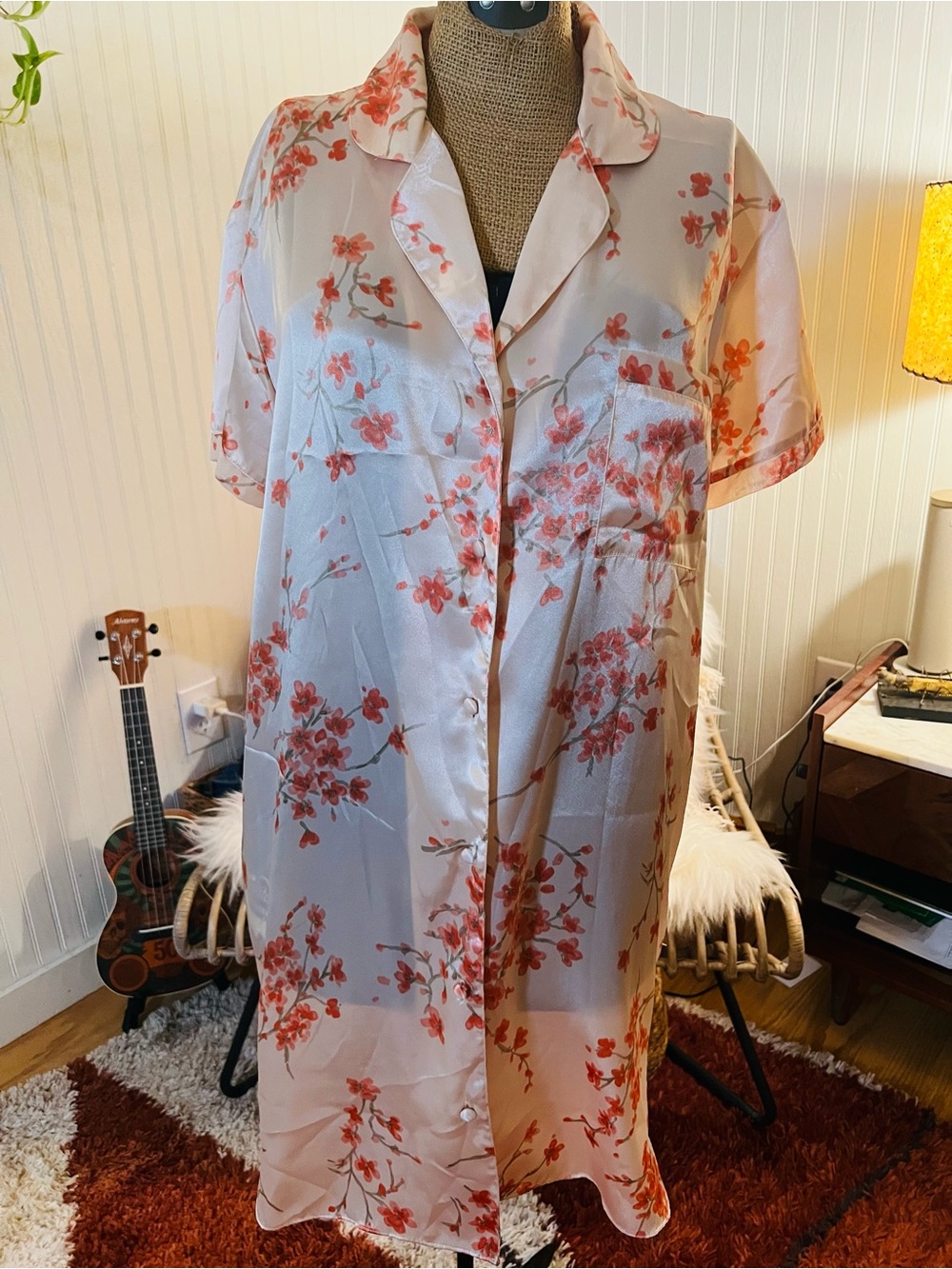VTG Floral Button-Front Satin Nightshirt Dress - Pink Floral